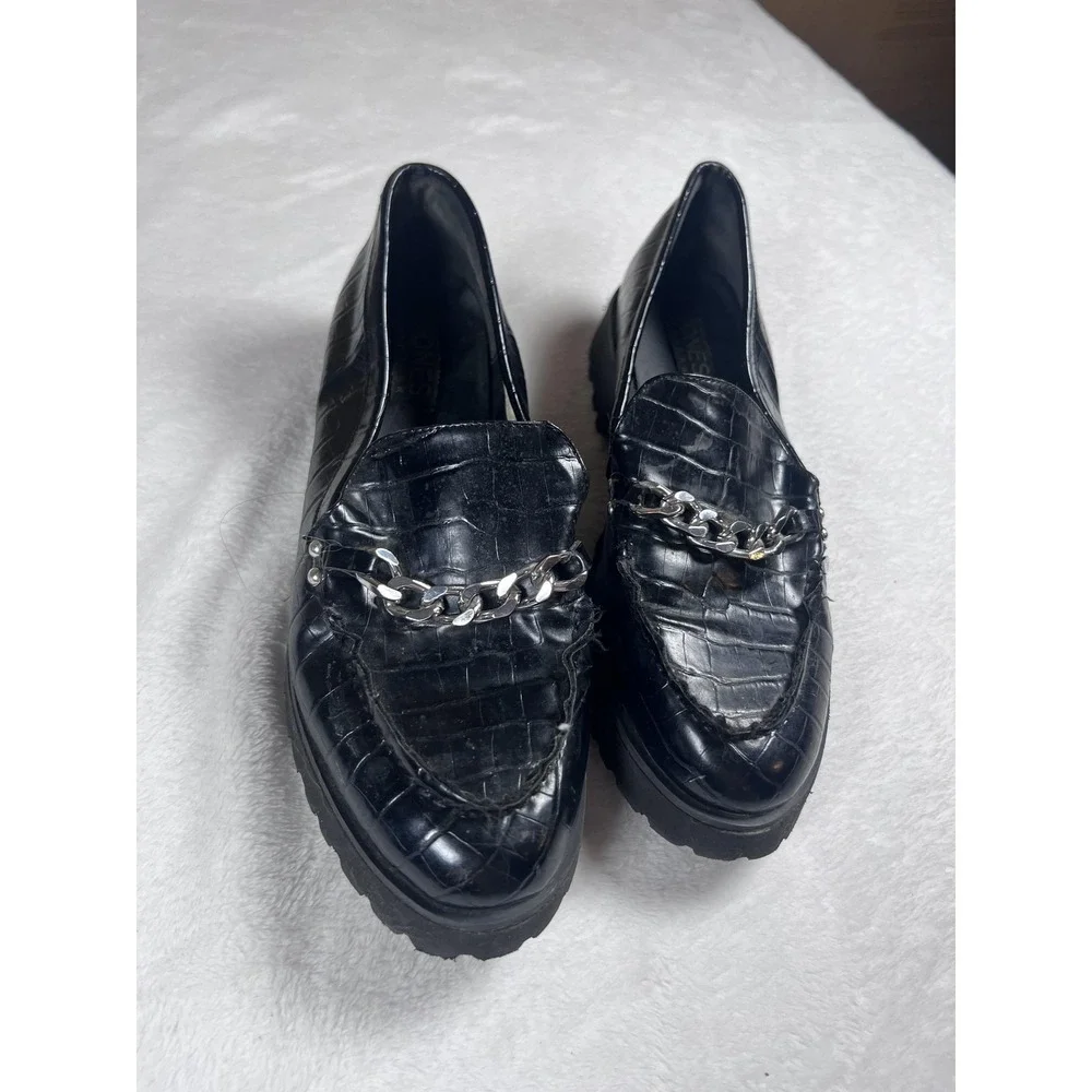 Jones New York Loafers Womens Size 8.5 Black Faux Croc Chain Lug Sole‎ Slip On